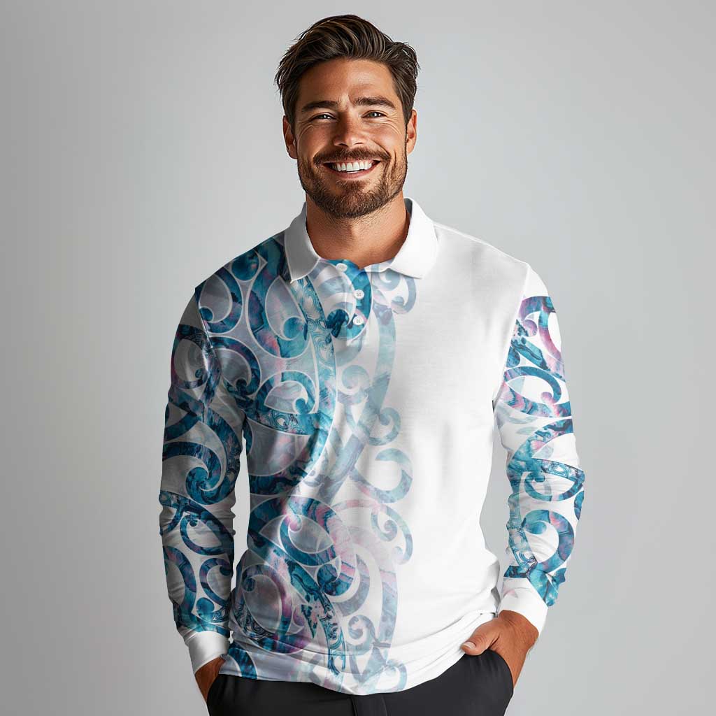 Turquoise Paua Shell Maori Long Sleeve Polo Shirt Koru Kowhaiwhai LT7 - Polynesian Pride