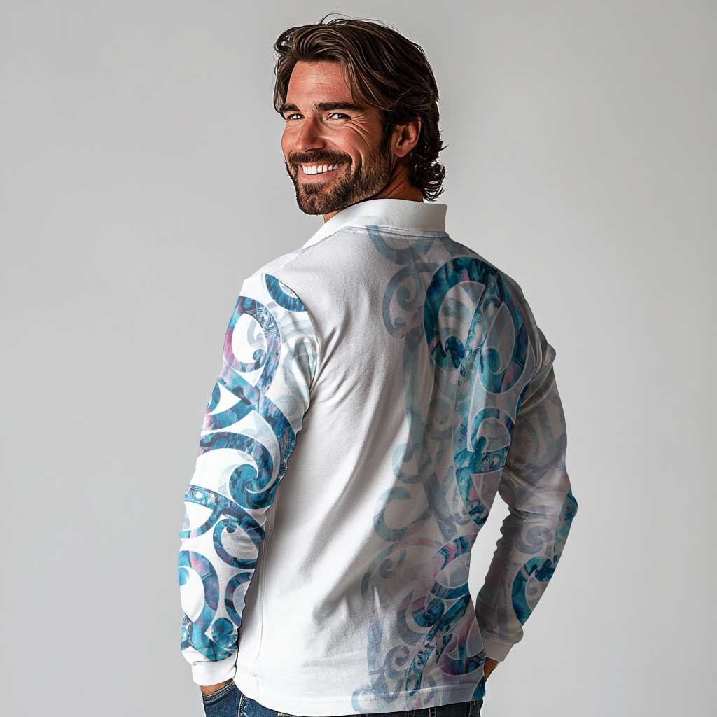 Turquoise Paua Shell Maori Long Sleeve Polo Shirt Koru Kowhaiwhai LT7 - Polynesian Pride