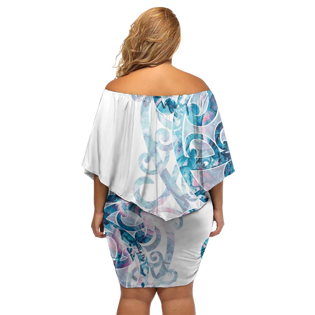 Turquoise Paua Shell Maori Off Shoulder Short Dress Koru Kowhaiwhai LT7 - Polynesian Pride