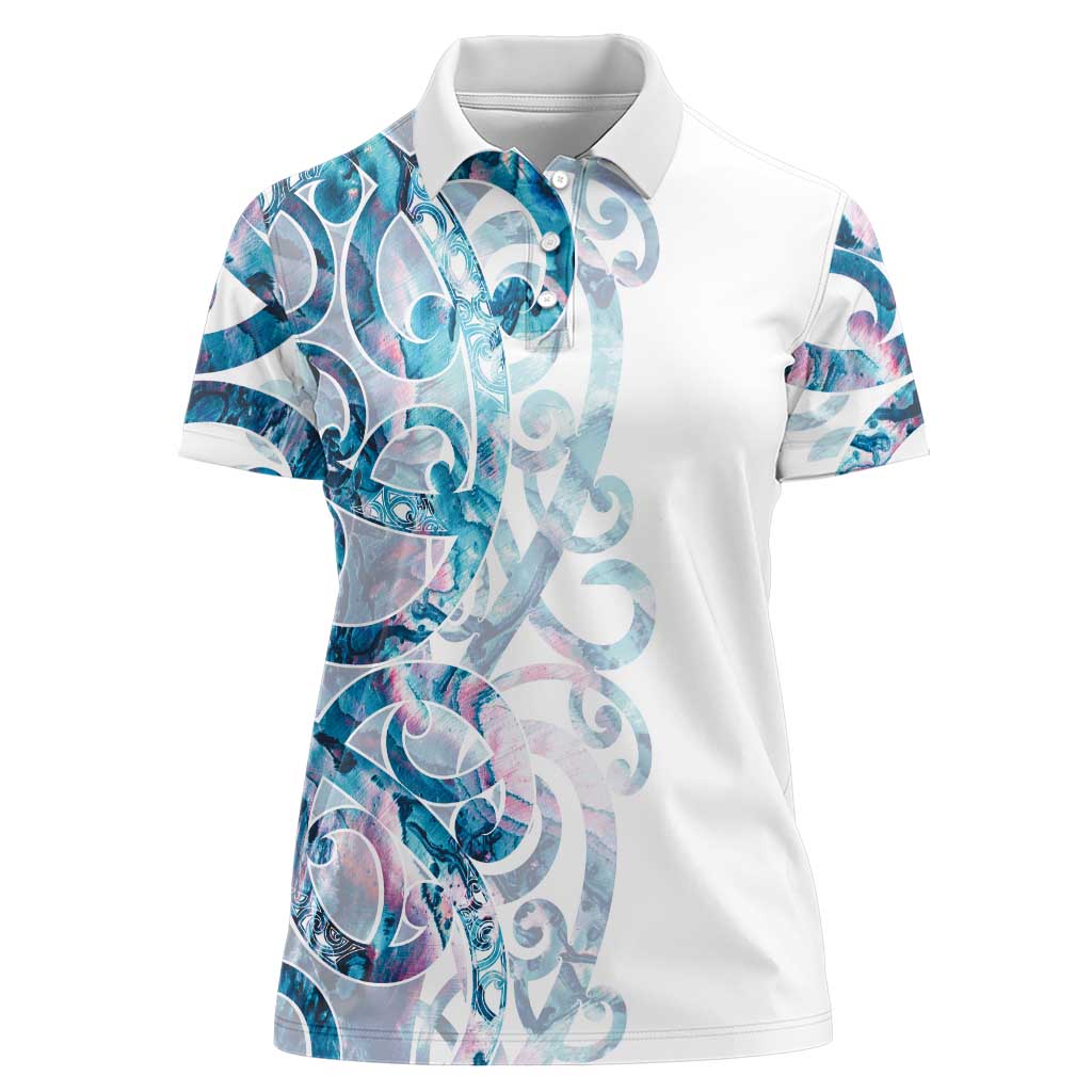 Turquoise Paua Shell Maori Women Polo Shirt Koru Kowhaiwhai - Polynesian Pride