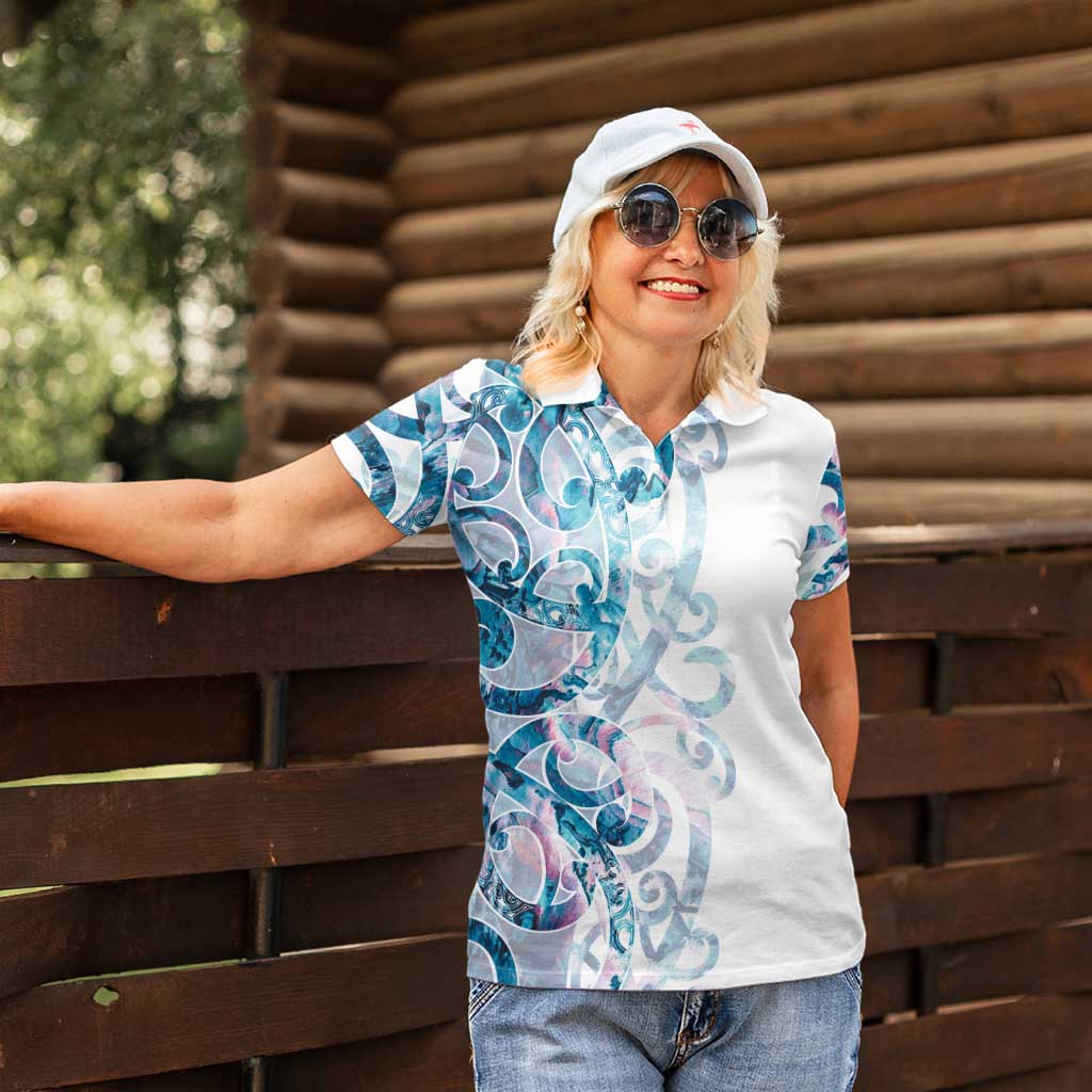 Turquoise Paua Shell Maori Women Polo Shirt Koru Kowhaiwhai - Polynesian Pride