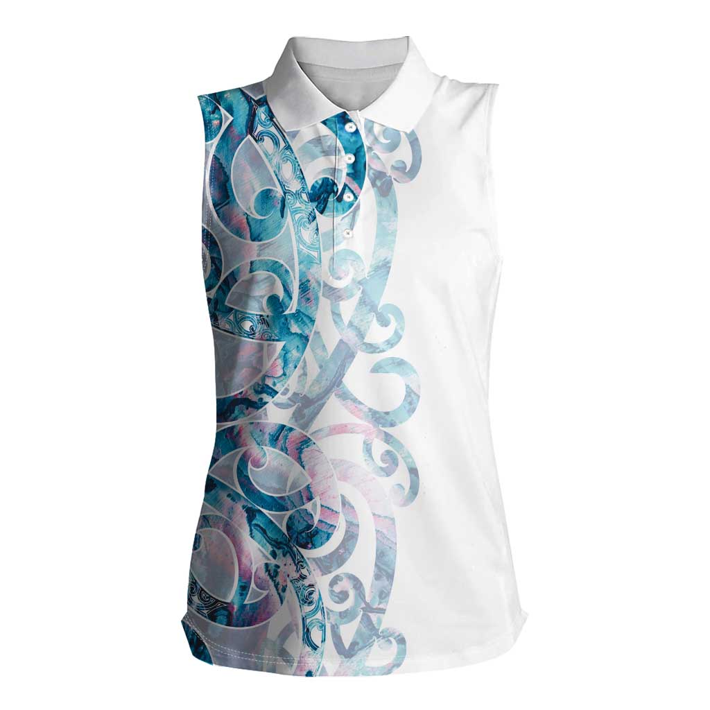 Turquoise Paua Shell Maori Women Sleeveless Polo Shirt Koru Kowhaiwhai - Polynesian Pride