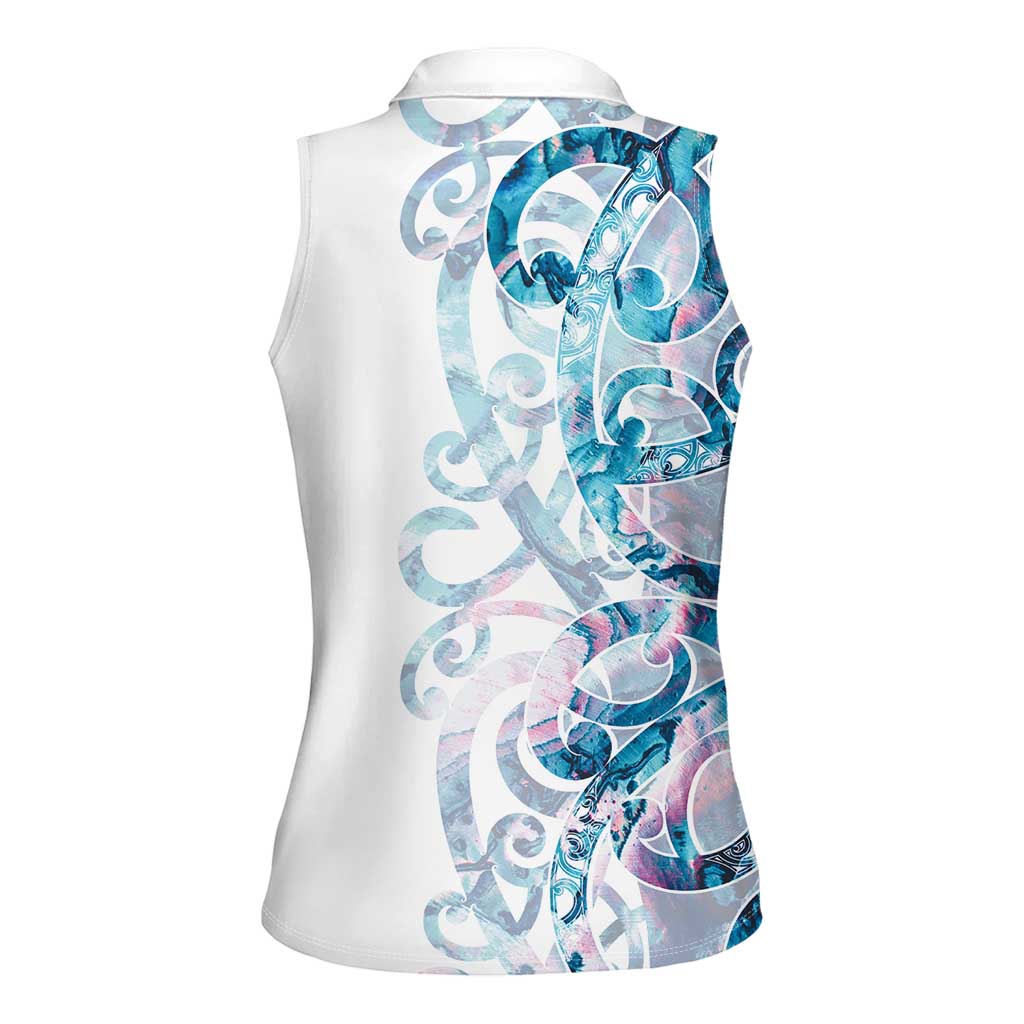 Turquoise Paua Shell Maori Women Sleeveless Polo Shirt Koru Kowhaiwhai - Polynesian Pride