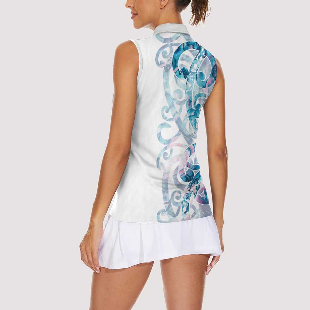 Turquoise Paua Shell Maori Women Sleeveless Polo Shirt Koru Kowhaiwhai - Polynesian Pride