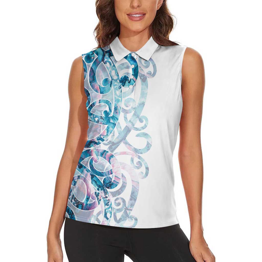 Turquoise Paua Shell Maori Women Sleeveless Polo Shirt Koru Kowhaiwhai - Polynesian Pride