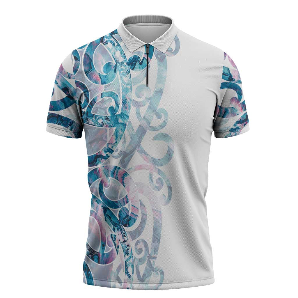 Turquoise Paua Shell Maori Zipper Polo Shirt Koru Kowhaiwhai - Polynesian Pride
