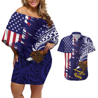 American Samoa Mix US Couples Matching Off Shoulder Short Dress and Hawaiian Shirt Flag Day Grunge Style LT7 Blue - Polynesian Pride