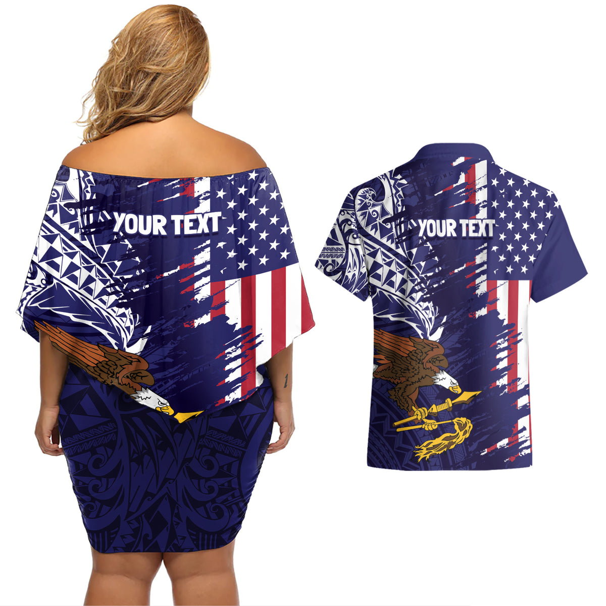 American Samoa Mix US Couples Matching Off Shoulder Short Dress and Hawaiian Shirt Flag Day Grunge Style LT7 - Polynesian Pride