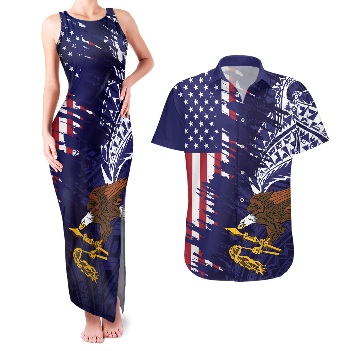 American Samoa Mix US Couples Matching Tank Maxi Dress and Hawaiian Shirt Flag Day Grunge Style LT7 Blue - Polynesian Pride