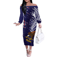 American Samoa Mix US Family Matching Off The Shoulder Long Sleeve Dress and Hawaiian Shirt Flag Day Grunge Style LT7 Mom's Dress Blue - Polynesian Pride