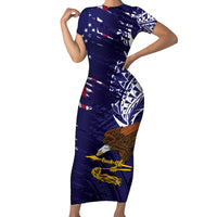 American Samoa Mix US Family Matching Short Sleeve Bodycon Dress and Hawaiian Shirt Flag Day Grunge Style LT7 Mom's Dress Blue - Polynesian Pride