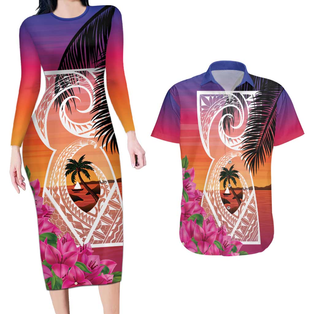 Guam Chamorro Couples Matching Long Sleeve Bodycon Dress and Hawaiian Shirt Artsy Latte Stone