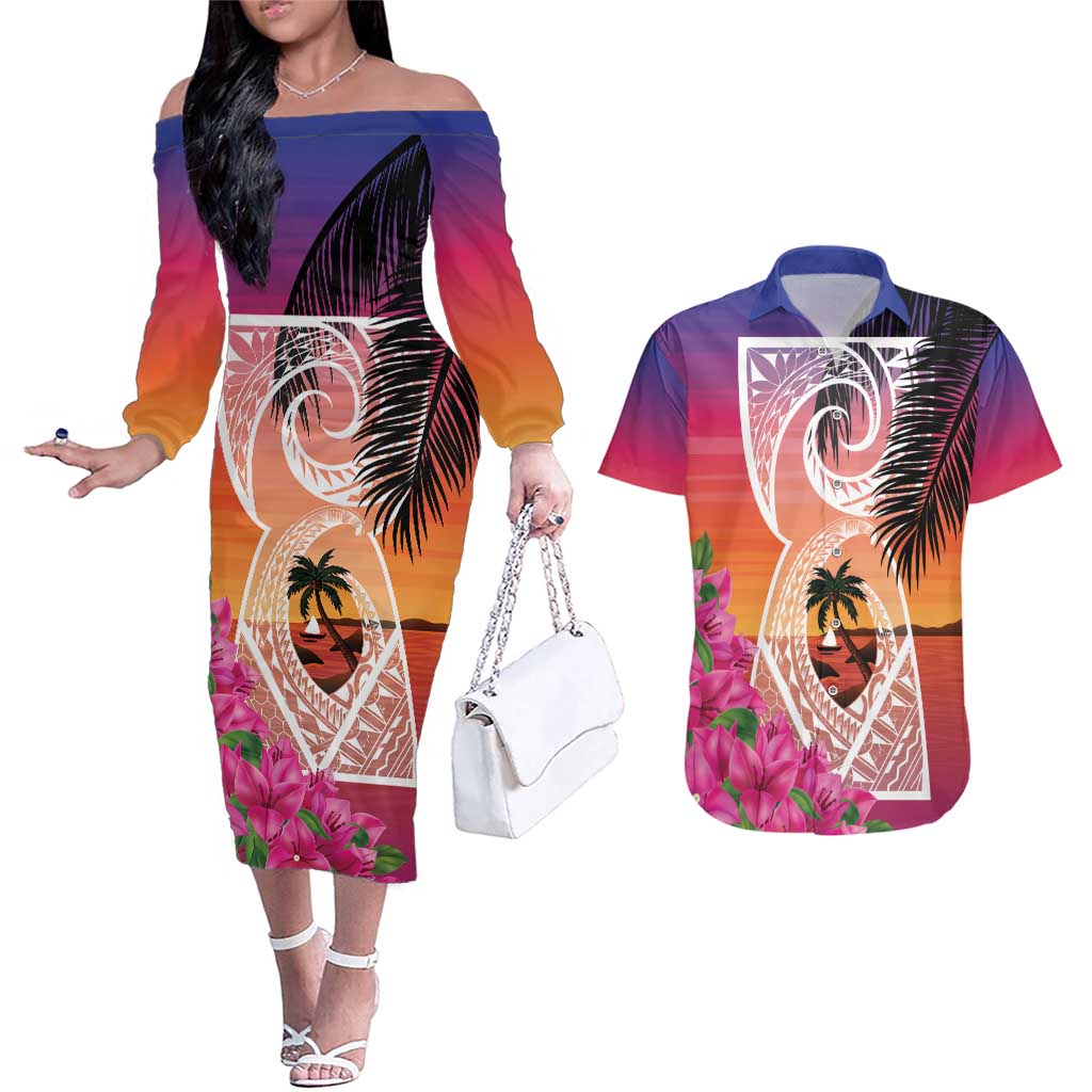 Guam Chamorro Couples Matching Off The Shoulder Long Sleeve Dress and Hawaiian Shirt Artsy Latte Stone