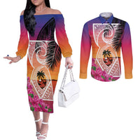 Guam Chamorro Couples Matching Off The Shoulder Long Sleeve Dress and Long Sleeve Button Shirt Artsy Latte Stone