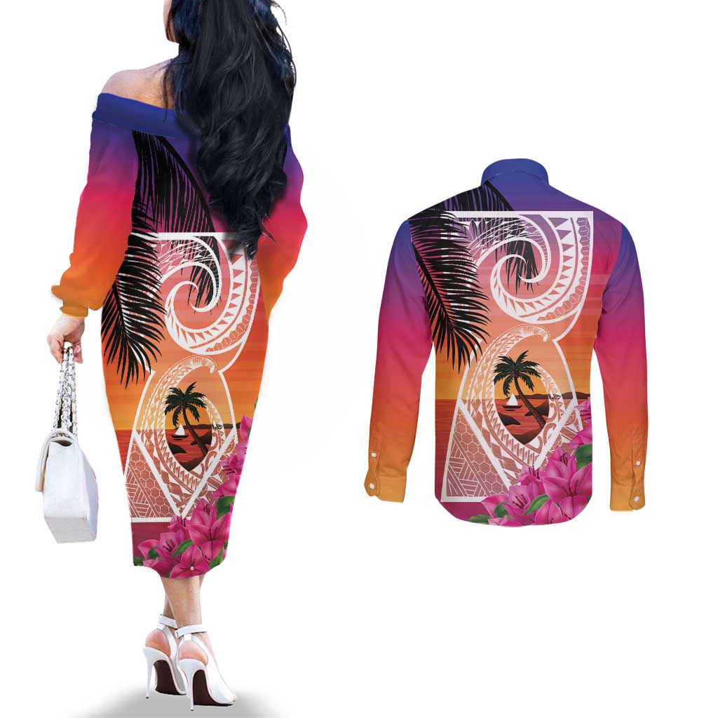 Guam Chamorro Couples Matching Off The Shoulder Long Sleeve Dress and Long Sleeve Button Shirt Artsy Latte Stone