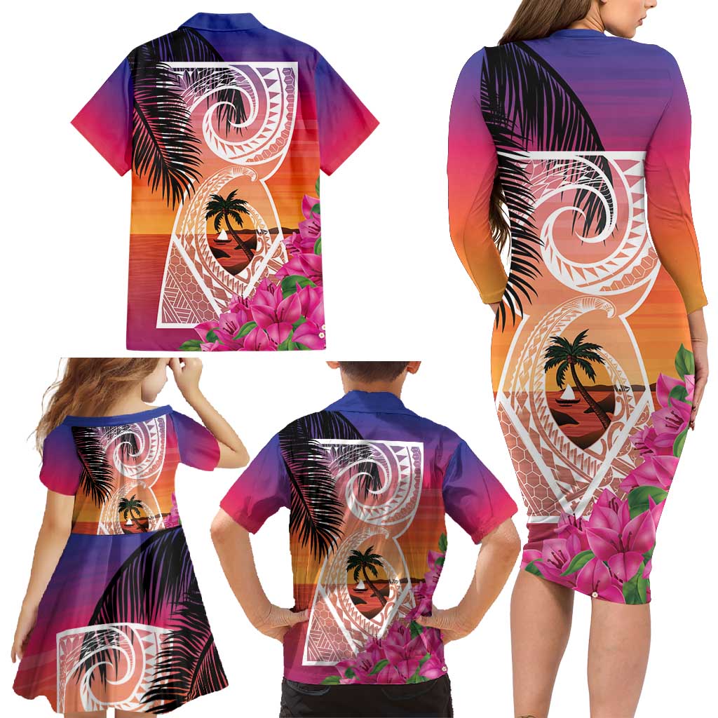 Guam Chamorro Family Matching Long Sleeve Bodycon Dress and Hawaiian Shirt Artsy Latte Stone