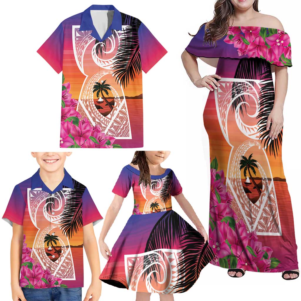 Guam Chamorro Family Matching Off Shoulder Maxi Dress and Hawaiian Shirt Artsy Latte Stone