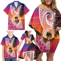 Guam Chamorro Family Matching Off Shoulder Short Dress and Hawaiian Shirt Artsy Latte Stone