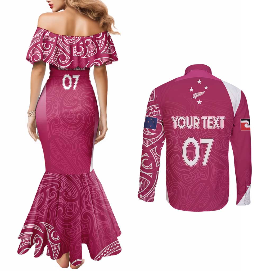 Personalised New Zealand Rugby Couples Matching Mermaid Dress and Long Sleeve Button Shirt Aotearoa Champions - Pink Version