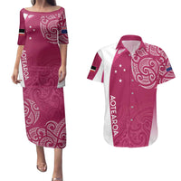Personalised New Zealand Rugby Couples Matching Puletasi and Hawaiian Shirt Aotearoa Champions - Pink Version