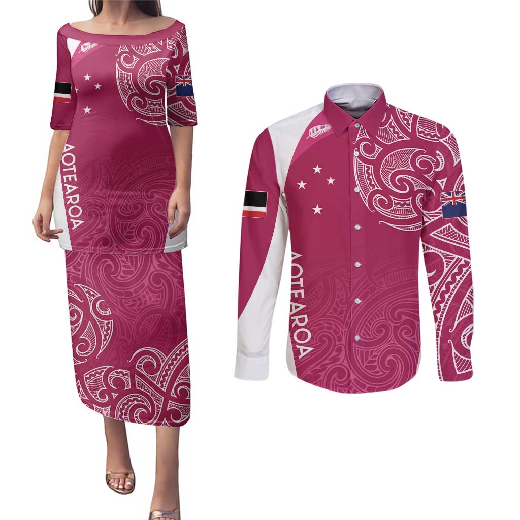 Personalised New Zealand Rugby Couples Matching Puletasi and Long Sleeve Button Shirt Aotearoa Champions - Pink Version