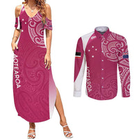 Personalised New Zealand Rugby Couples Matching Summer Maxi Dress and Long Sleeve Button Shirt Aotearoa Champions - Pink Version