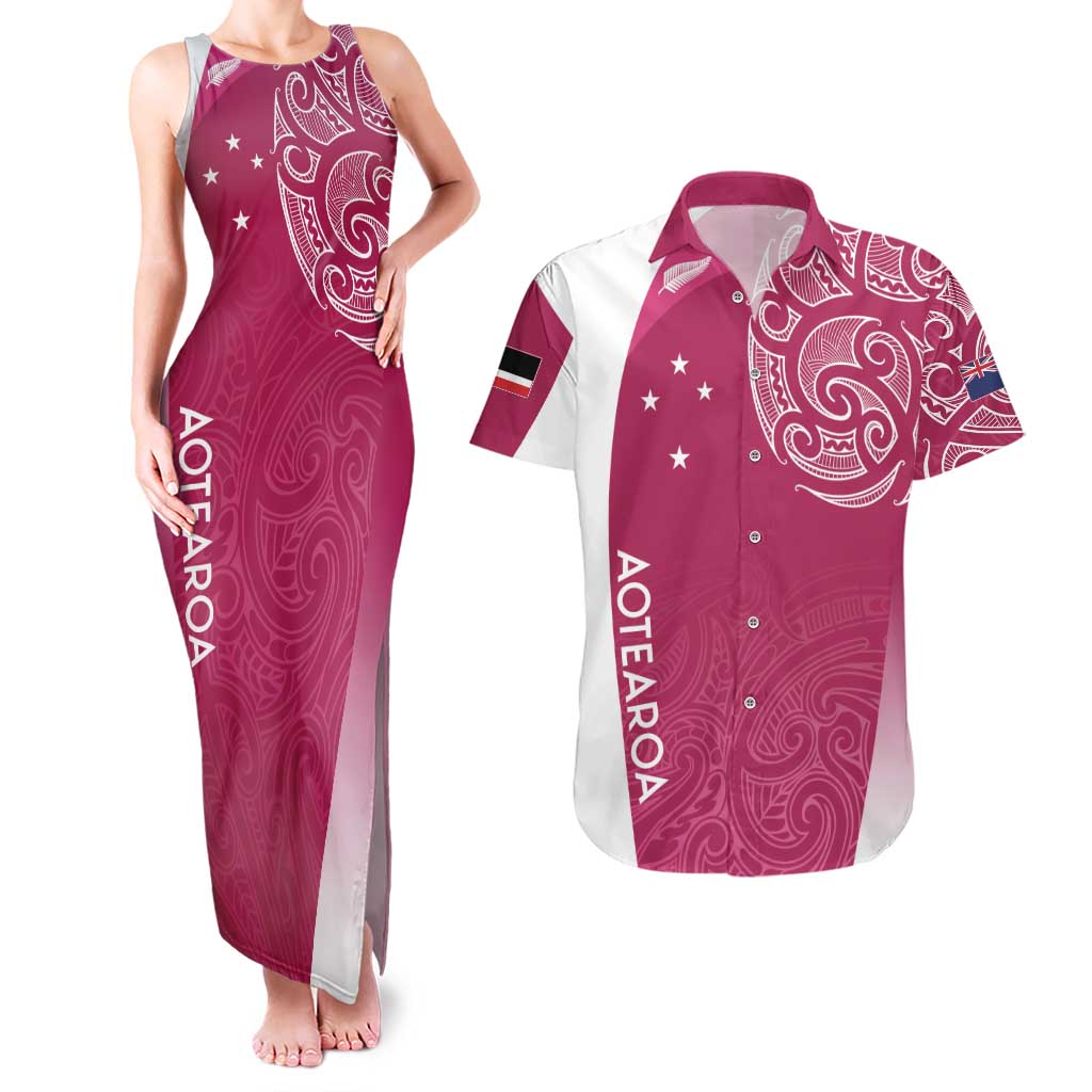 Personalised New Zealand Rugby Couples Matching Tank Maxi Dress and Hawaiian Shirt Aotearoa Champions - Pink Version