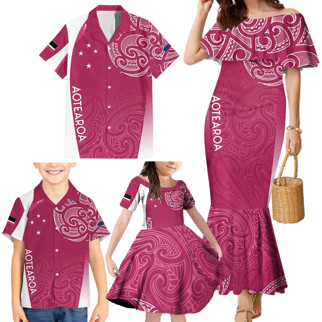 Personalised New Zealand Rugby Family Matching Mermaid Dress and Hawaiian Shirt Aotearoa Champions - Pink Version