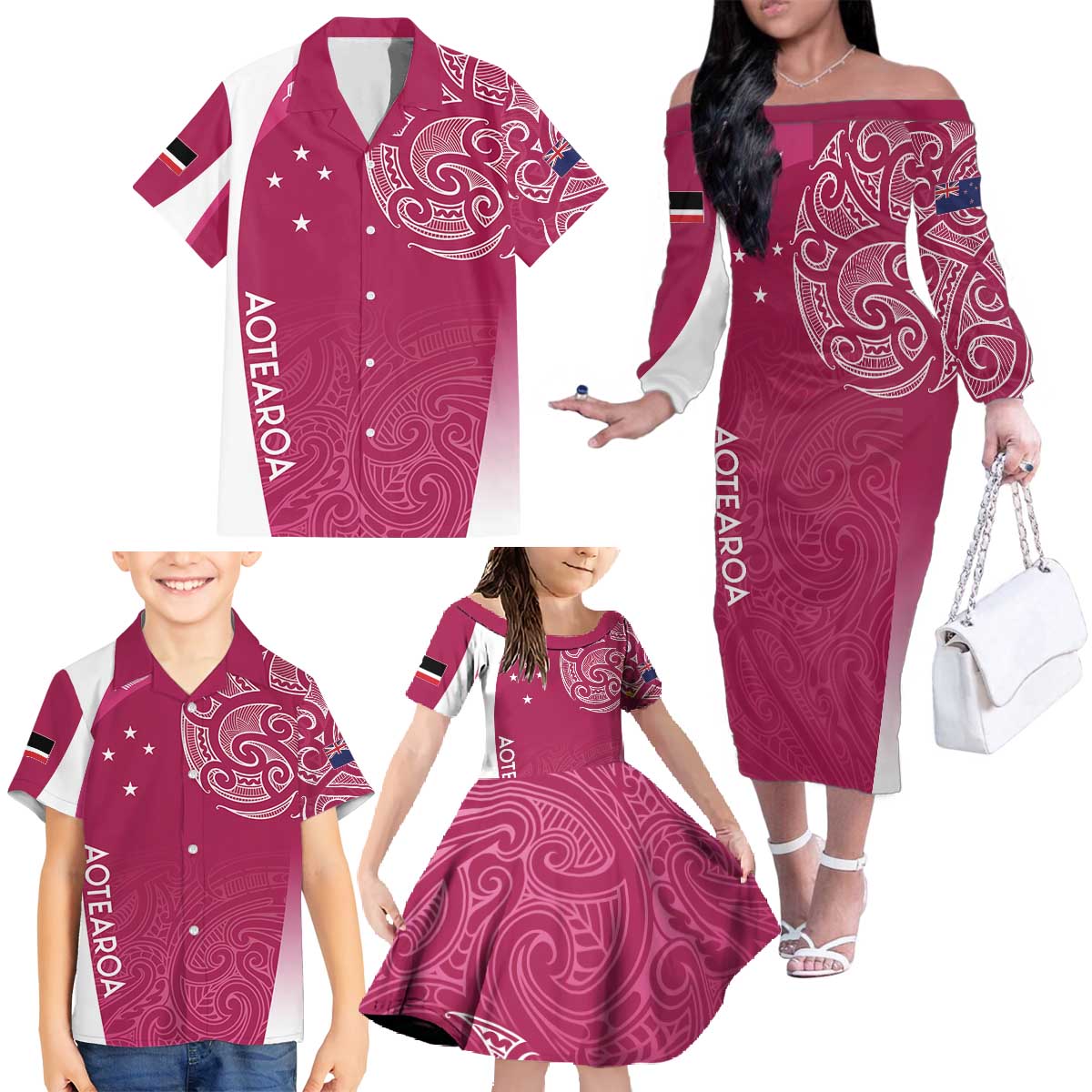 Personalised New Zealand Rugby Family Matching Off The Shoulder Long Sleeve Dress and Hawaiian Shirt Aotearoa Champions - Pink Version