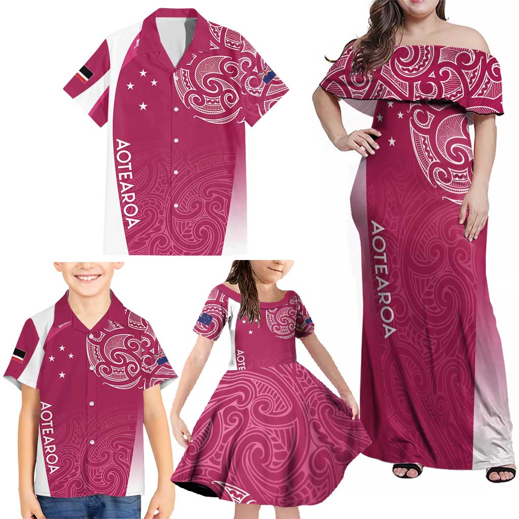 Personalised New Zealand Rugby Family Matching Off Shoulder Maxi Dress and Hawaiian Shirt Aotearoa Champions - Pink Version