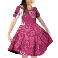 Personalised New Zealand Rugby Family Matching Off Shoulder Short Dress and Hawaiian Shirt Aotearoa Champions - Pink Version