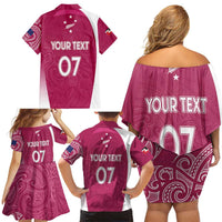 Personalised New Zealand Rugby Family Matching Off Shoulder Short Dress and Hawaiian Shirt Aotearoa Champions - Pink Version