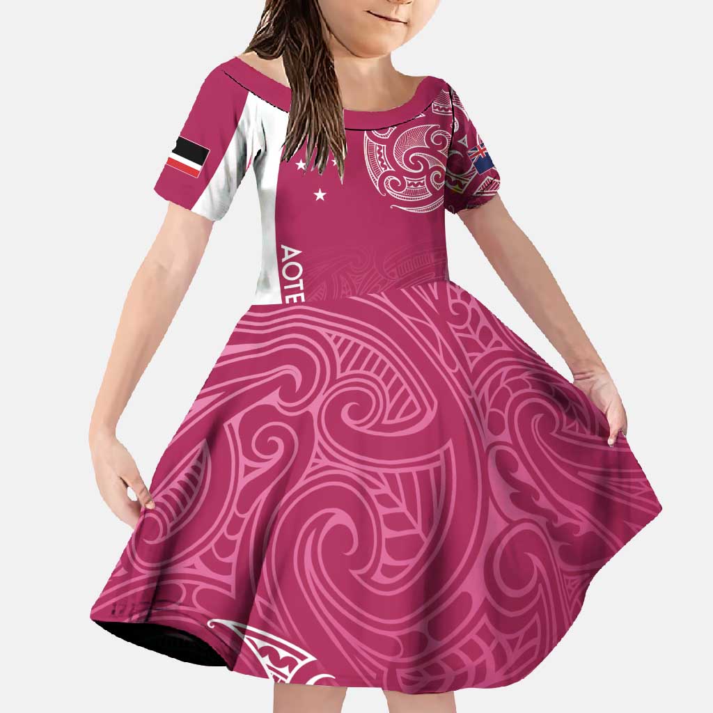 Personalised New Zealand Rugby Family Matching Short Sleeve Bodycon Dress and Hawaiian Shirt Aotearoa Champions - Pink Version