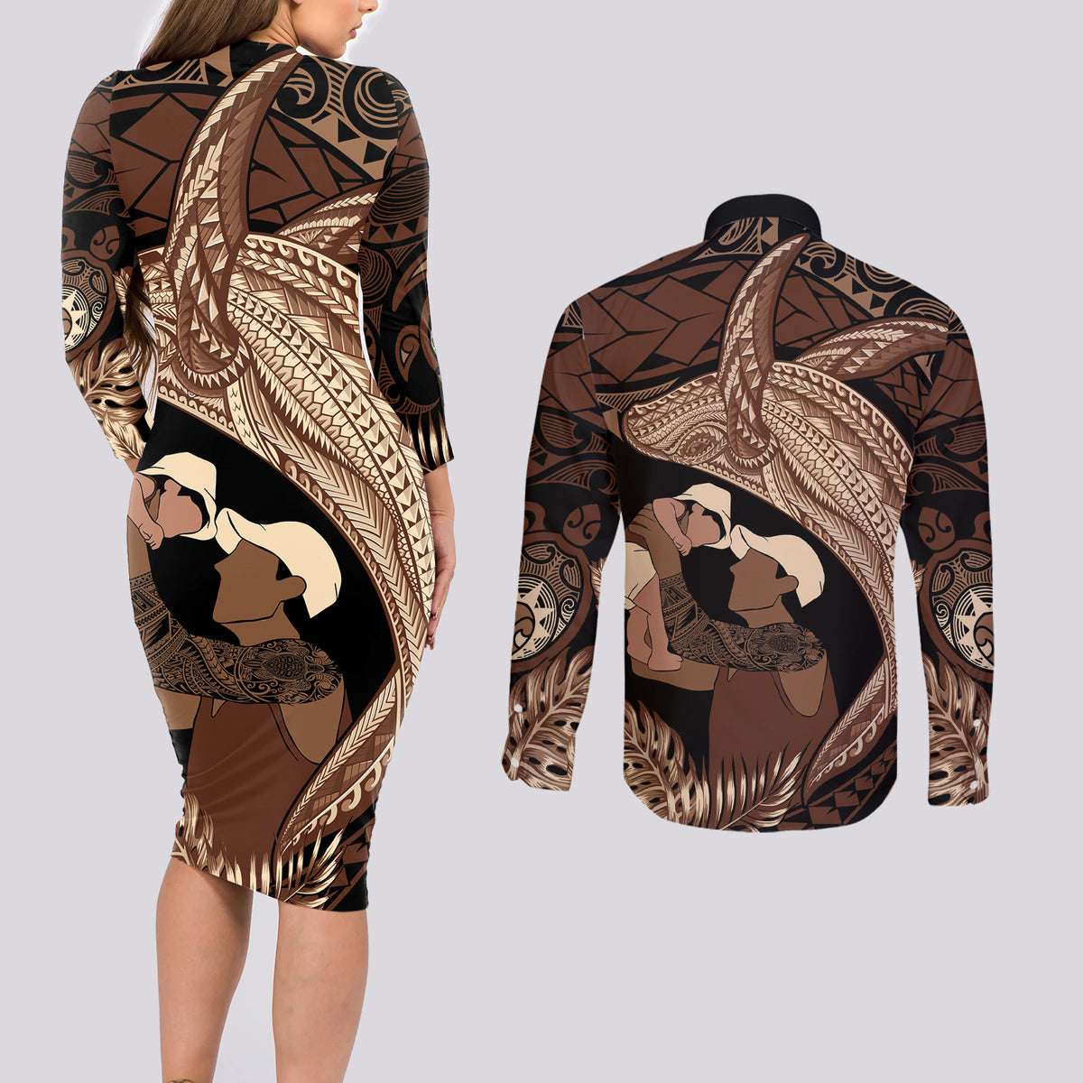 Father's Day Polynesian Pattern Couples Matching Long Sleeve Bodycon Dress and Long Sleeve Button Shirt Tropical Humpback Whale