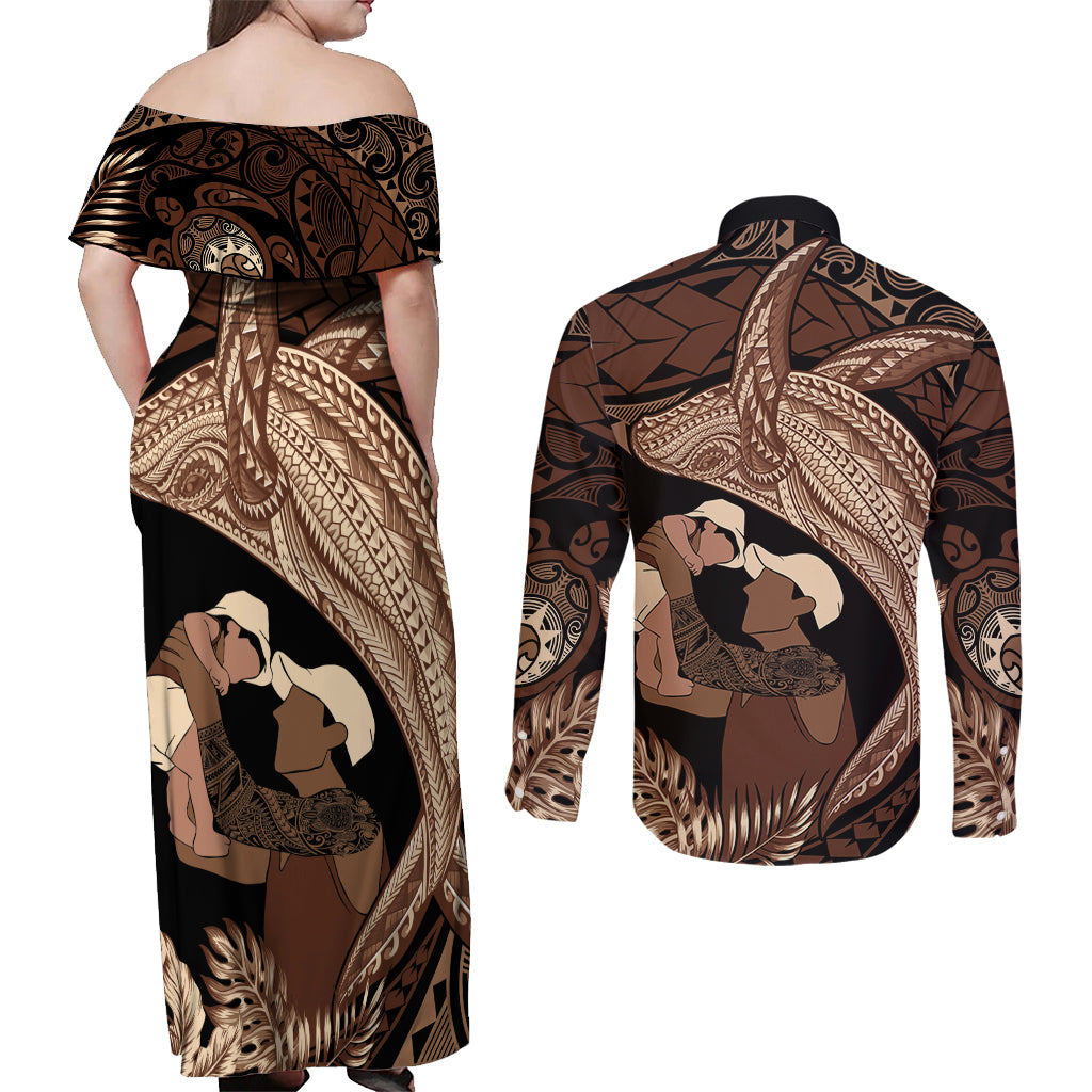 Father's Day Polynesian Pattern Couples Matching Off Shoulder Maxi Dress and Long Sleeve Button Shirt Tropical Humpback Whale LT7 - Polynesian Pride