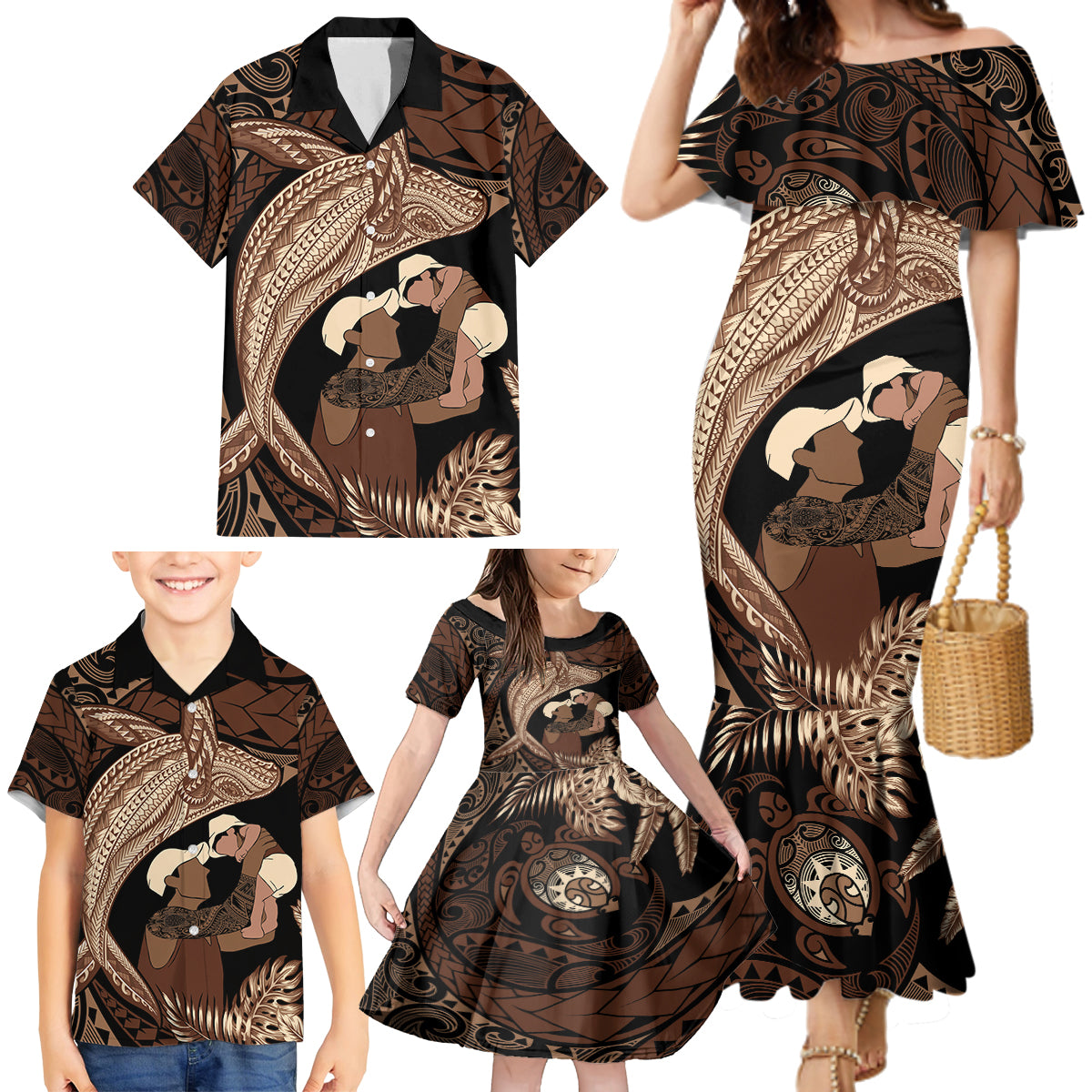 Father's Day Polynesian Pattern Family Matching Mermaid Dress and Hawaiian Shirt Tropical Humpback Whale