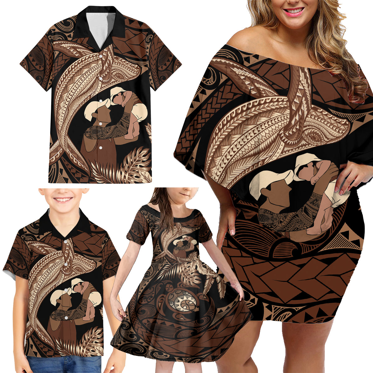 Father's Day Polynesian Pattern Family Matching Off Shoulder Short Dress and Hawaiian Shirt Tropical Humpback Whale