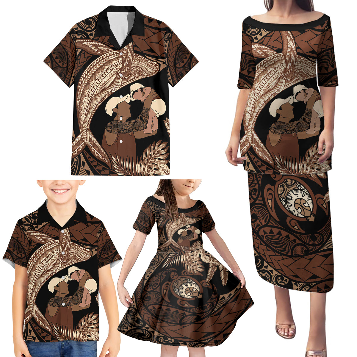 Father's Day Polynesian Pattern Family Matching Puletasi and Hawaiian Shirt Tropical Humpback Whale