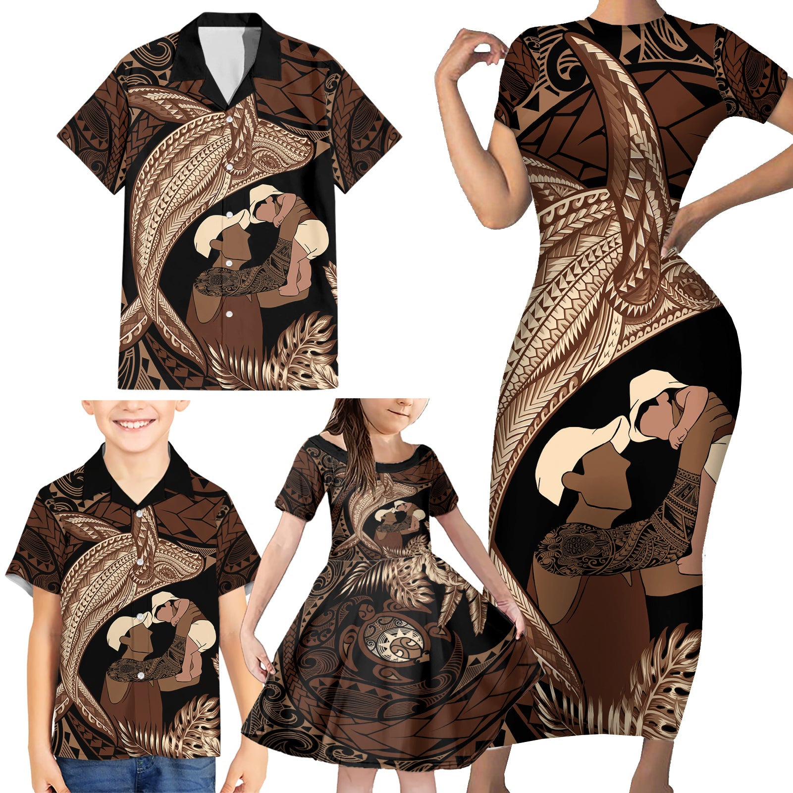 Father's Day Polynesian Pattern Family Matching Short Sleeve Bodycon Dress and Hawaiian Shirt Tropical Humpback Whale