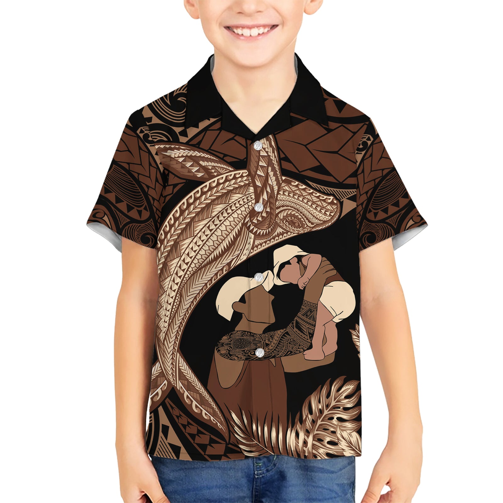 Father's Day Polynesian Pattern Kid Hawaiian Shirt Tropical Humpback Whale LT7 Kid Brown - Polynesian Pride