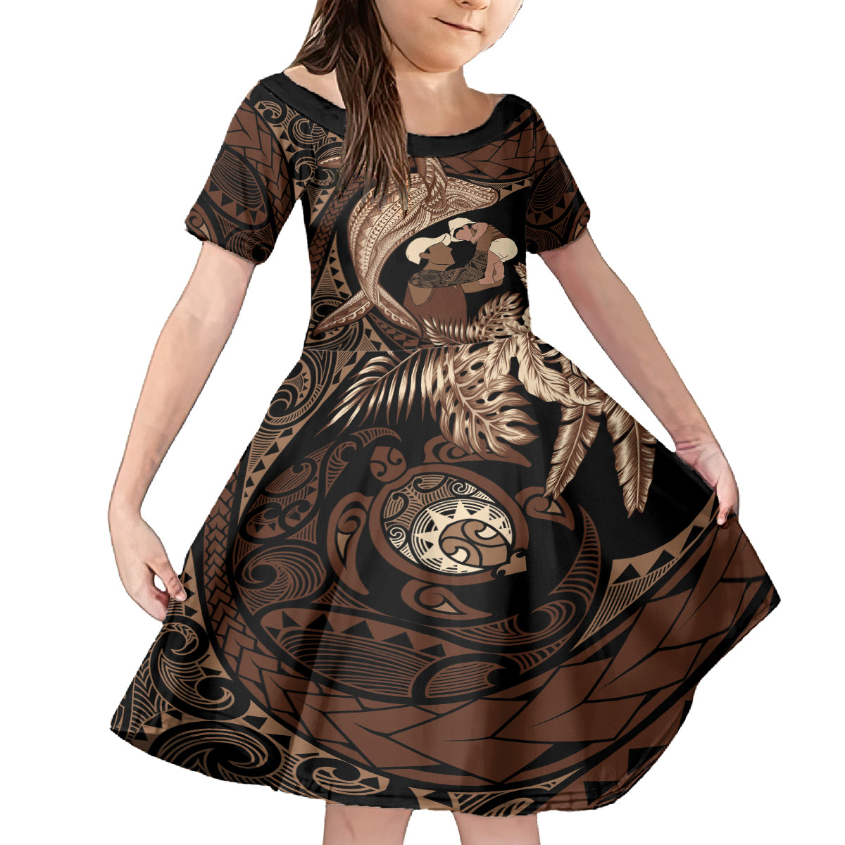 Father's Day Polynesian Pattern Kid Short Sleeve Dress Tropical Humpback Whale