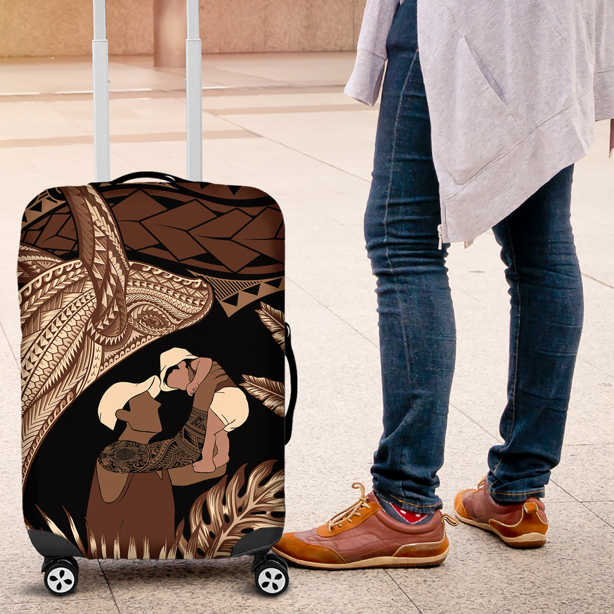 Father's Day Polynesian Pattern Luggage Cover Tropical Humpback Whale LT7 Brown - Polynesian Pride