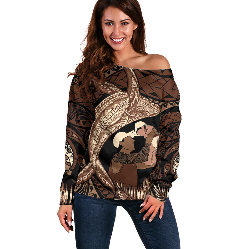 Father's Day Polynesian Pattern Off Shoulder Sweater Tropical Humpback Whale LT7 Women Brown - Polynesian Pride