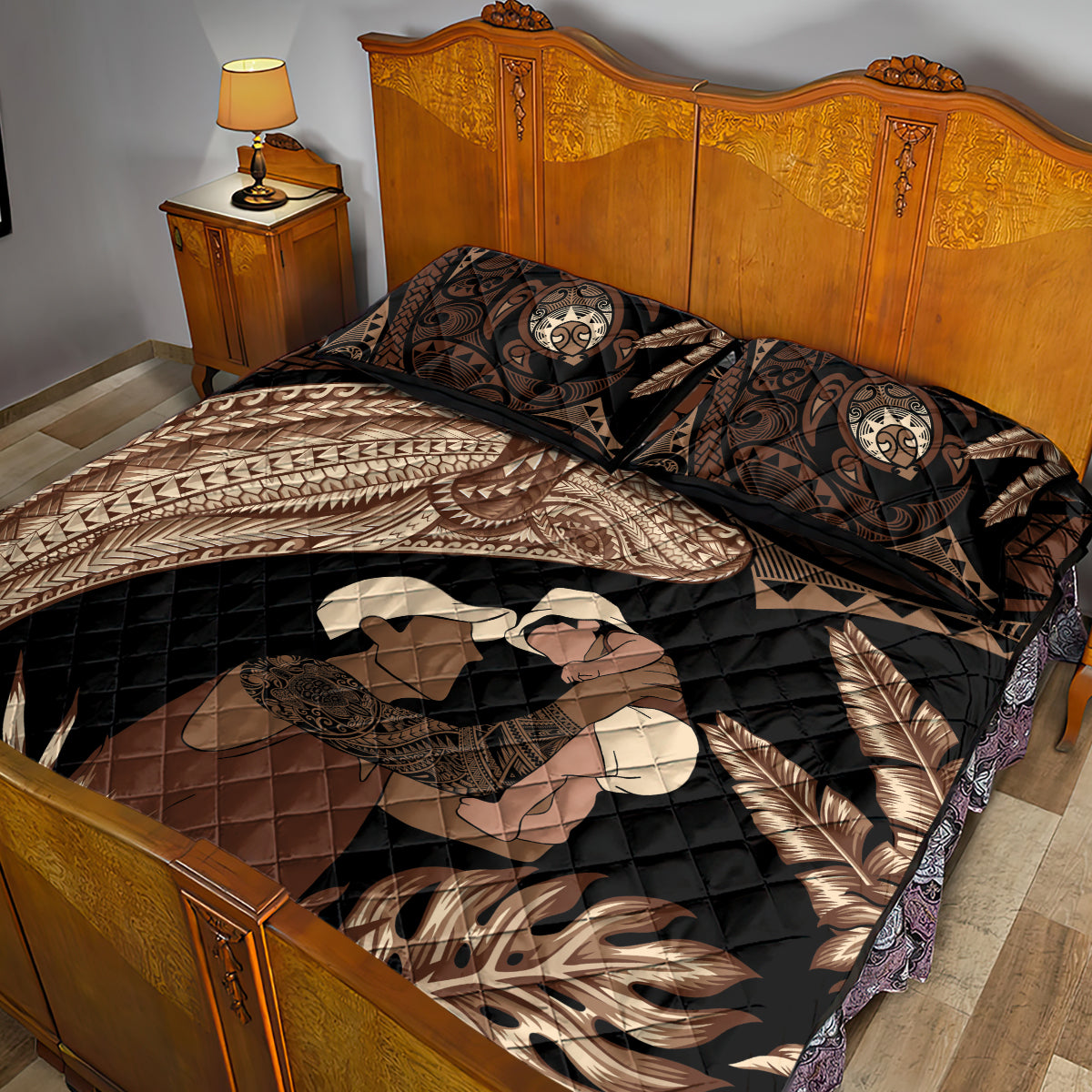 Father's Day Polynesian Pattern Quilt Bed Set Tropical Humpback Whale