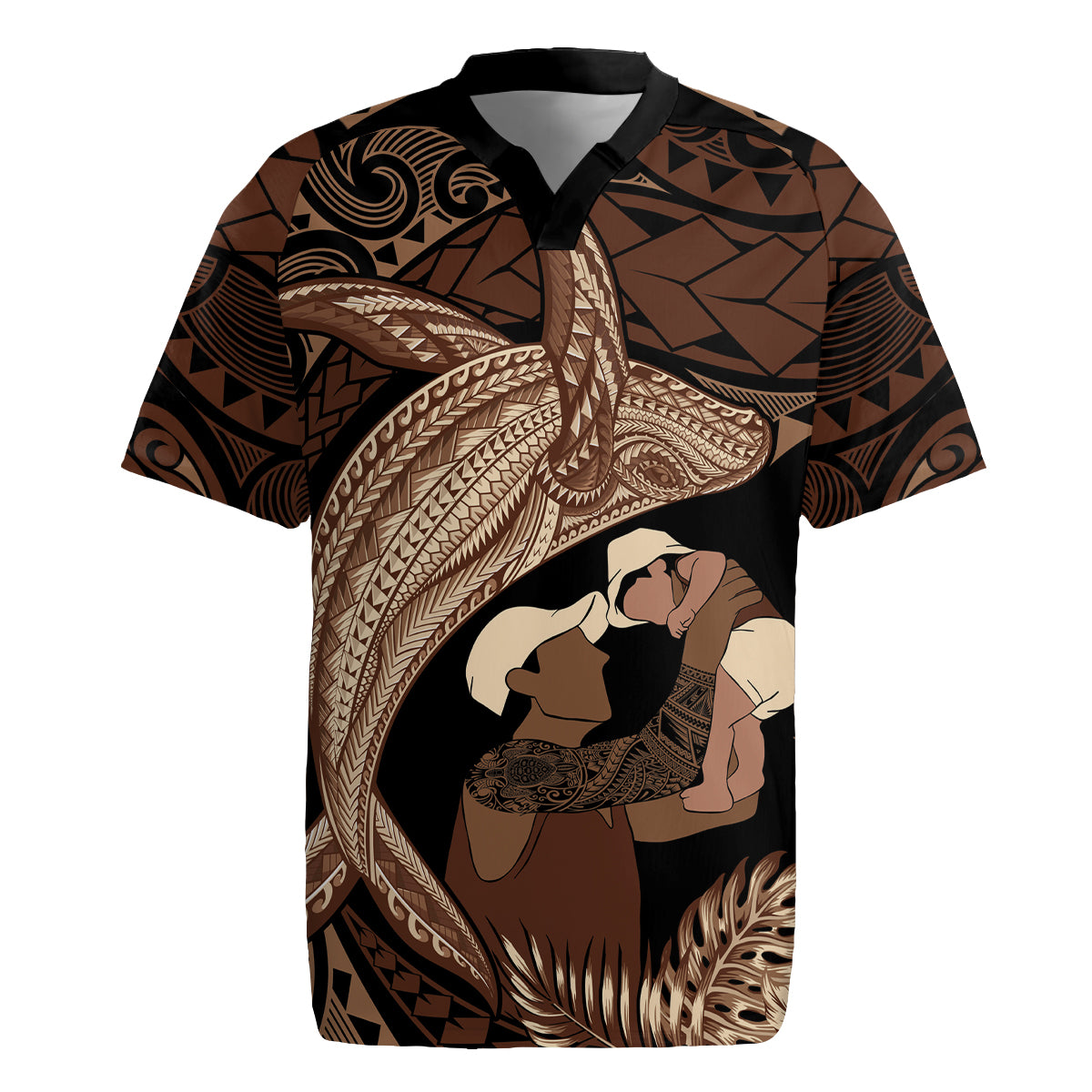 Father's Day Polynesian Pattern Rugby Jersey Tropical Humpback Whale LT7 Brown - Polynesian Pride