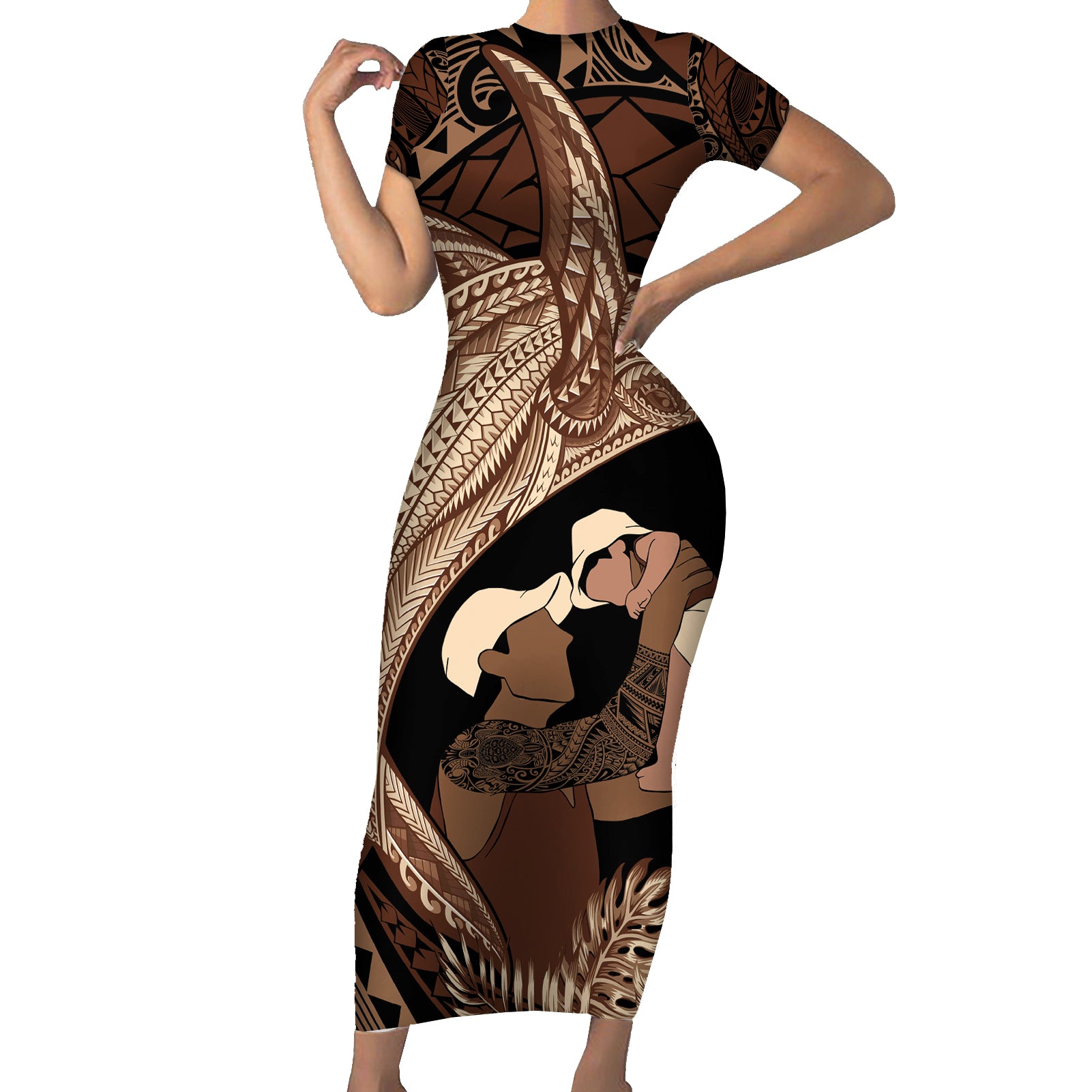 Father's Day Polynesian Pattern Short Sleeve Bodycon Dress Tropical Humpback Whale