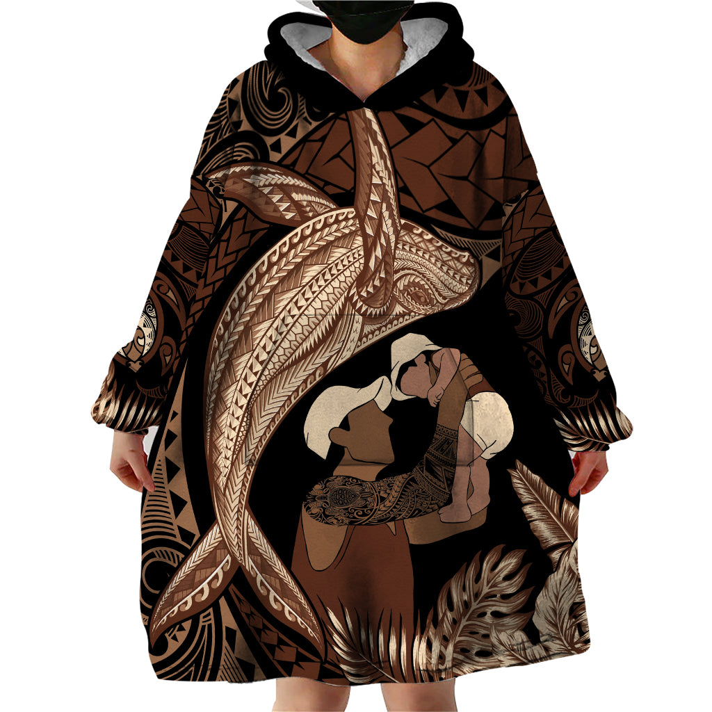 Father's Day Polynesian Pattern Wearable Blanket Hoodie Tropical Humpback Whale