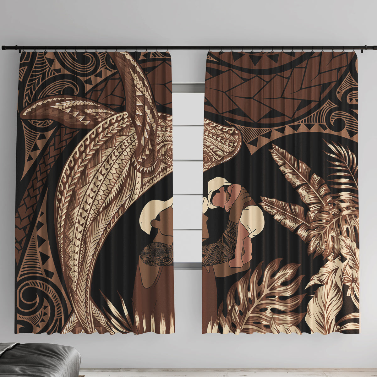 Father's Day Polynesian Pattern Window Curtain Tropical Humpback Whale LT7 With Hooks Brown - Polynesian Pride