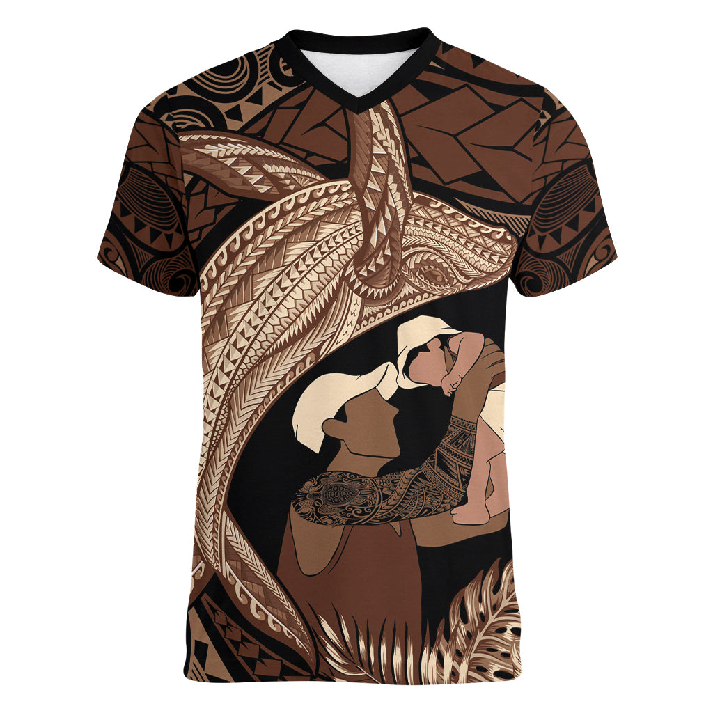 Father's Day Polynesian Pattern Women V-Neck T-Shirt Tropical Humpback Whale