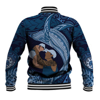 Father's Day Polynesian Pattern Baseball Jacket Tropical Humpback Whale - Navy